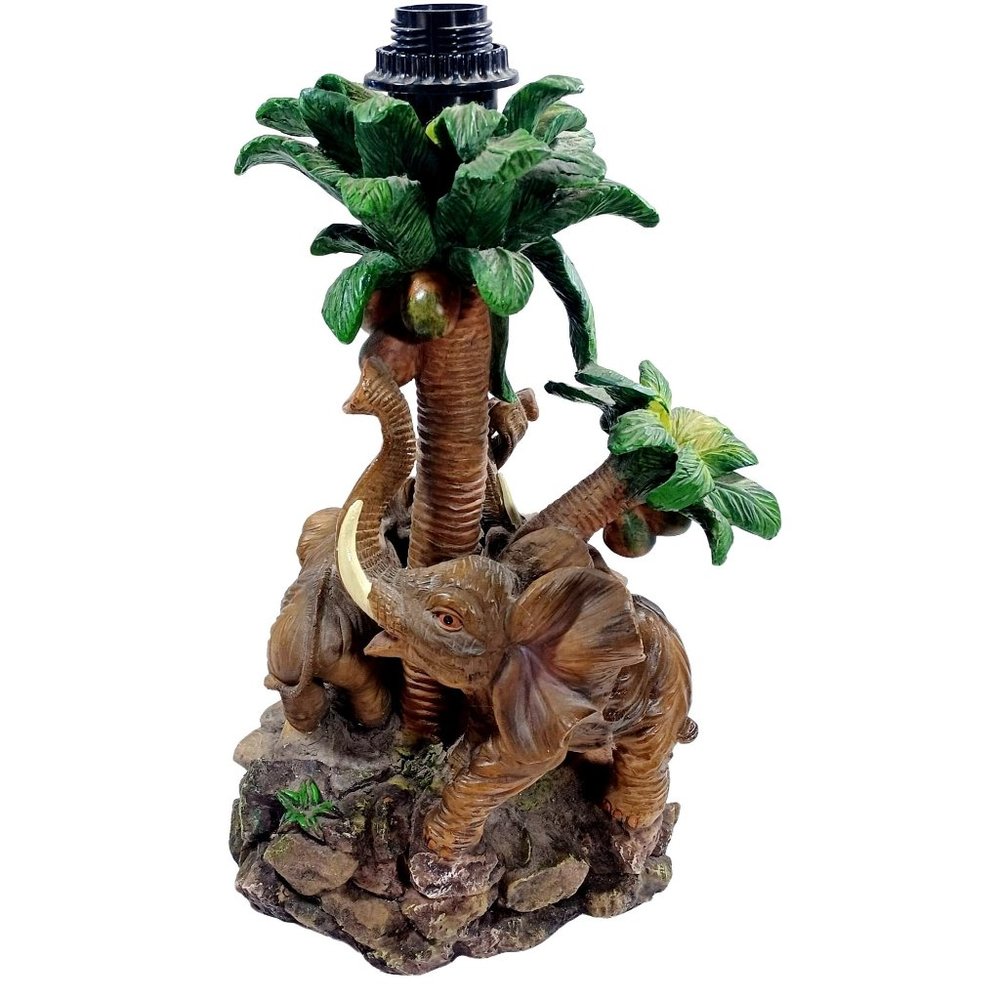 Vtg Tropical Elephants Mother Baby Babies  Safari Jungle Palm Trees Table Lamp - Picture 2 of 9